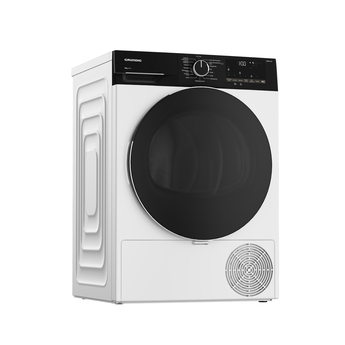 Grundig dryer in a household setting, showing its depth
