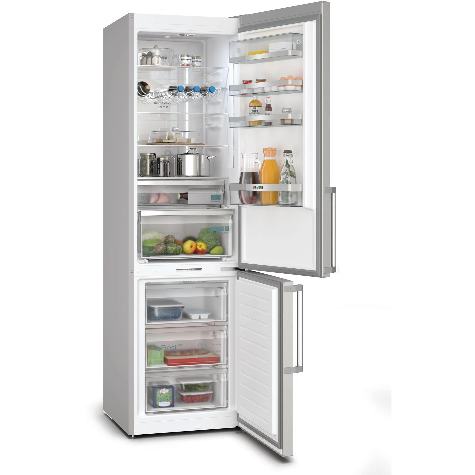Siemens KG39NAICT iQ500 refrigerator, front view with open fridge and freezer compartments