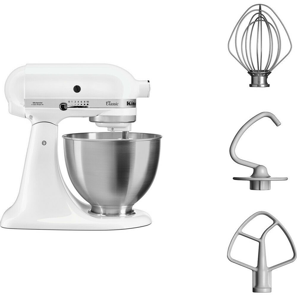 KitchenAid 5K45SSSEWH stand mixer left view with complete included accessories.
