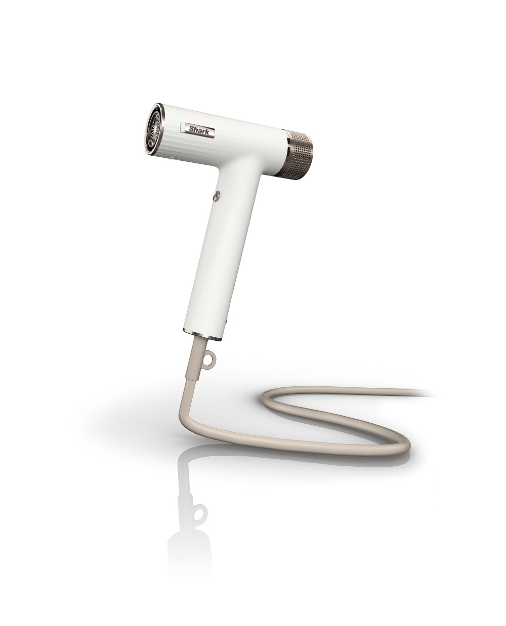 White Shark SpeedStyle hair dryer with its cord, standing on a reflective white surface.