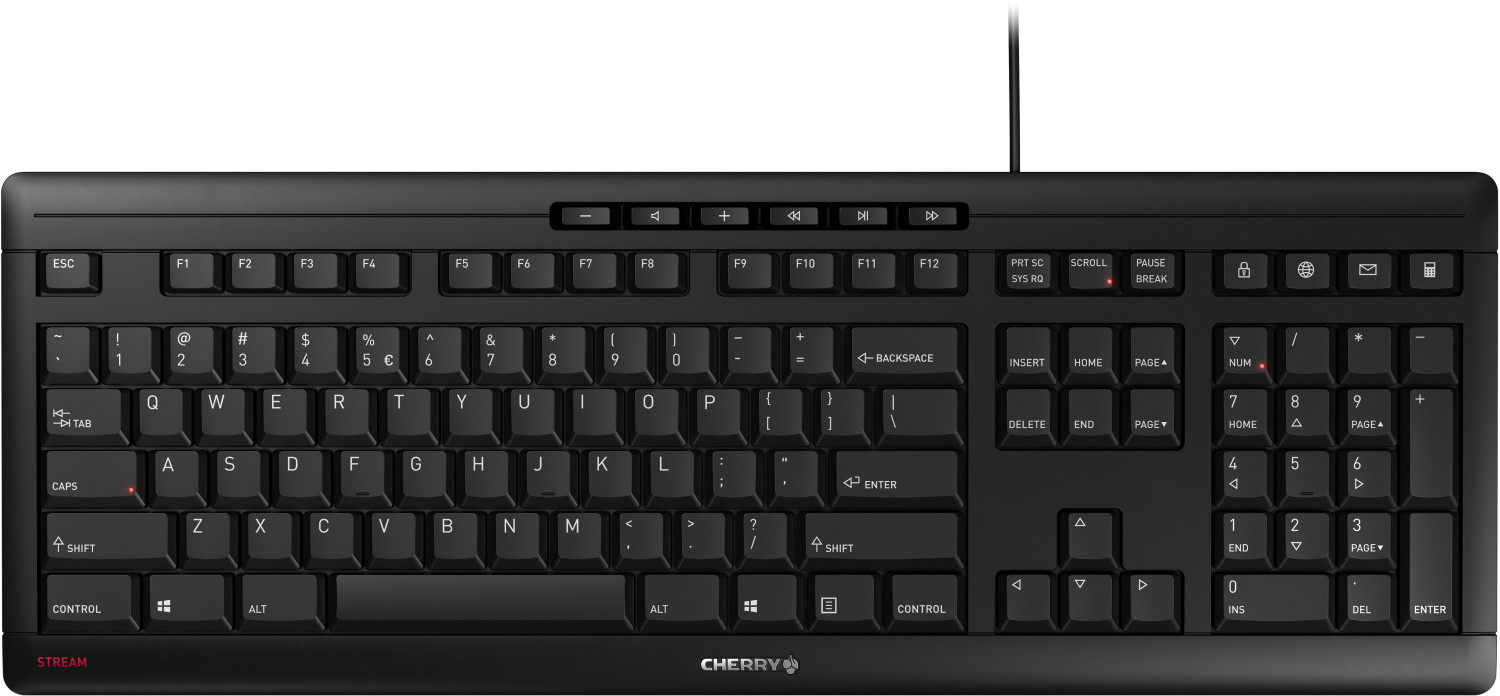 Cherry STREAM keyboard in black, US layout – top view with all keys visible.