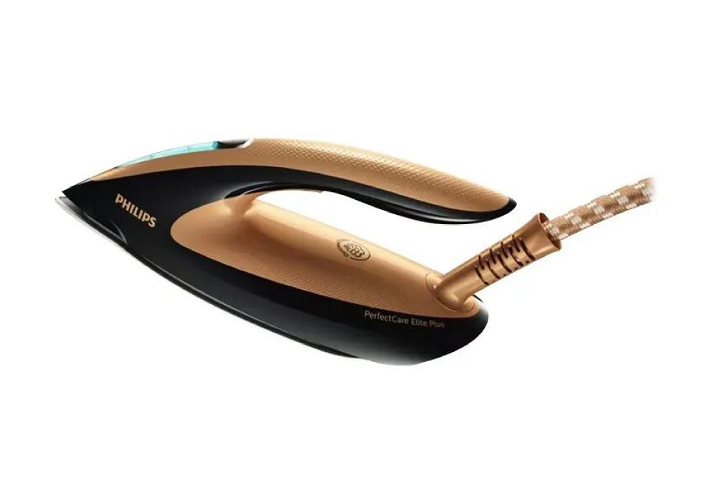 Side view of the iron handset in gold and black focusing on ergonomic handle and cord connection