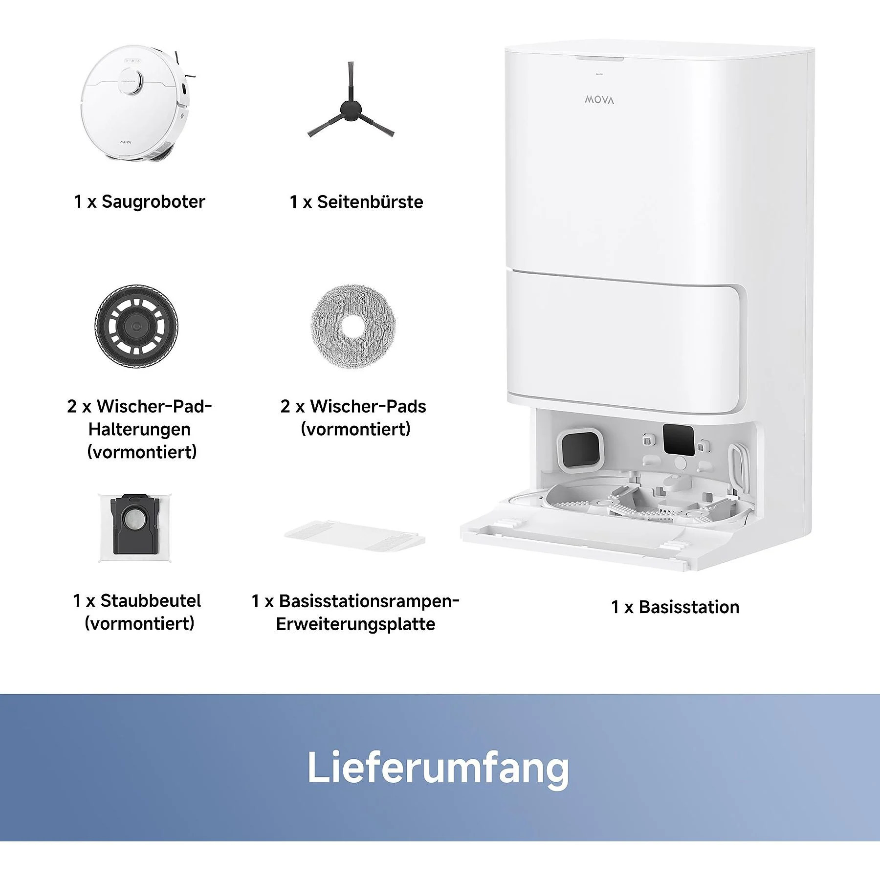 Complete Dreame Mova E30 package including robot, base station, accessories and power cable