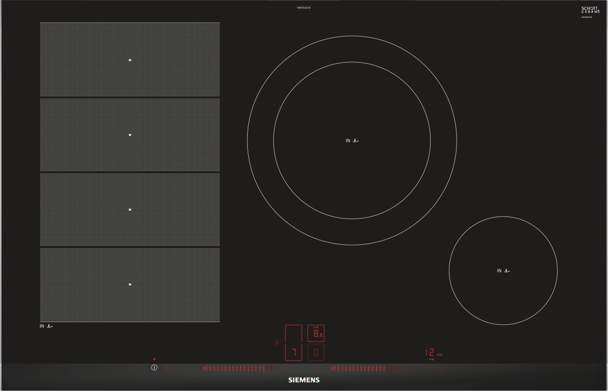 Siemens EX875LEC1E iQ700 induction cooktop with glass-ceramic surface in a kitchen