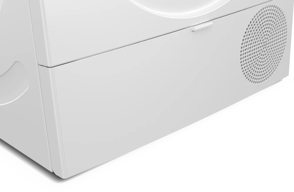 etail shot of the lower base area of the dryer, showing the flap that conceals the EasyClean filter system.