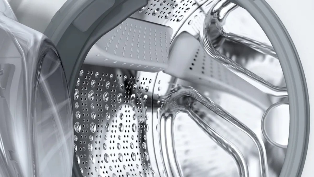 Interior view of the Bosch WUU28T48 VarioDrum with its teardrop-shaped structure for gentle washing.