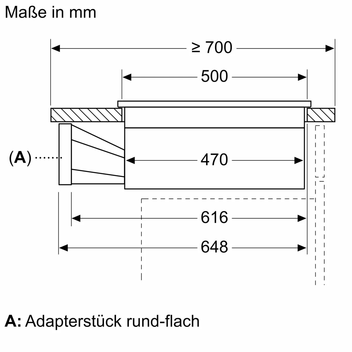 Technical drawing with the installation and dimensions of the cooktop