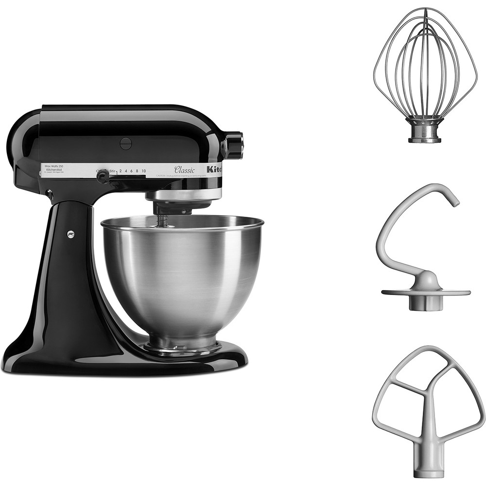 Left view of the KitchenAid 5K45SSEOB stand mixer with included accessories.