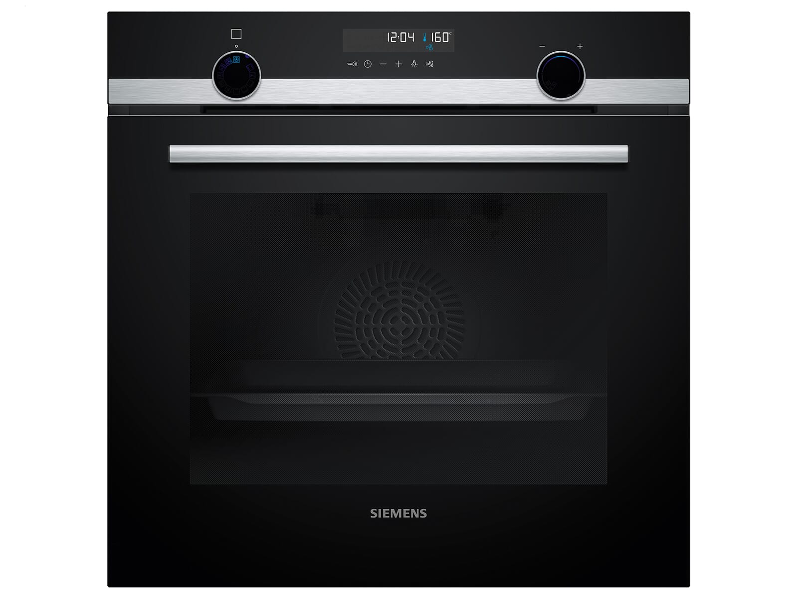 Front view of the black Siemens HB578GES3 built-in oven with a silver control panel, two rotary knobs, and a digital display.