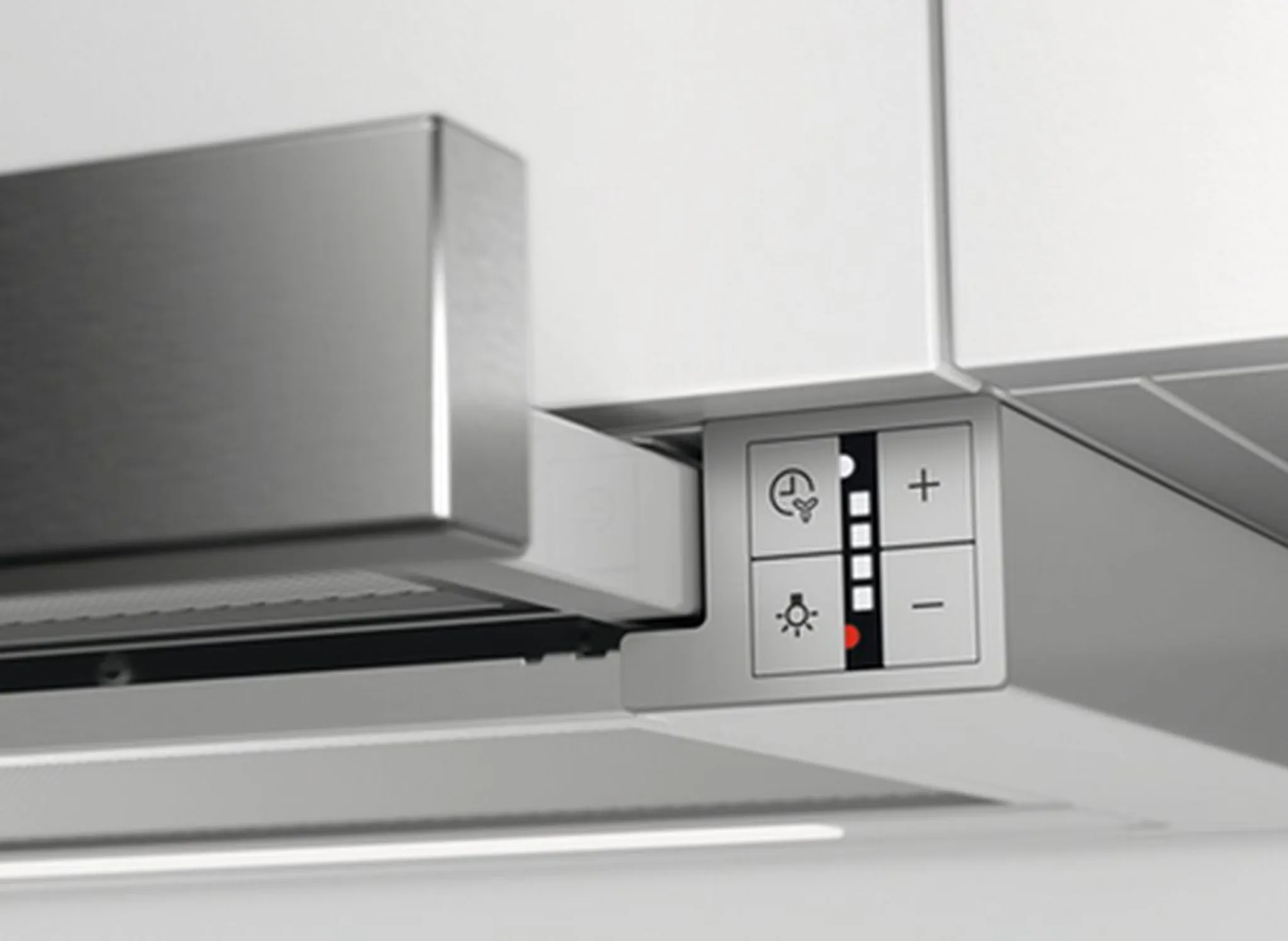 Electronic push buttons and dishwasher-safe metal grease filter on the AEG DPE5960M flat-panel hood