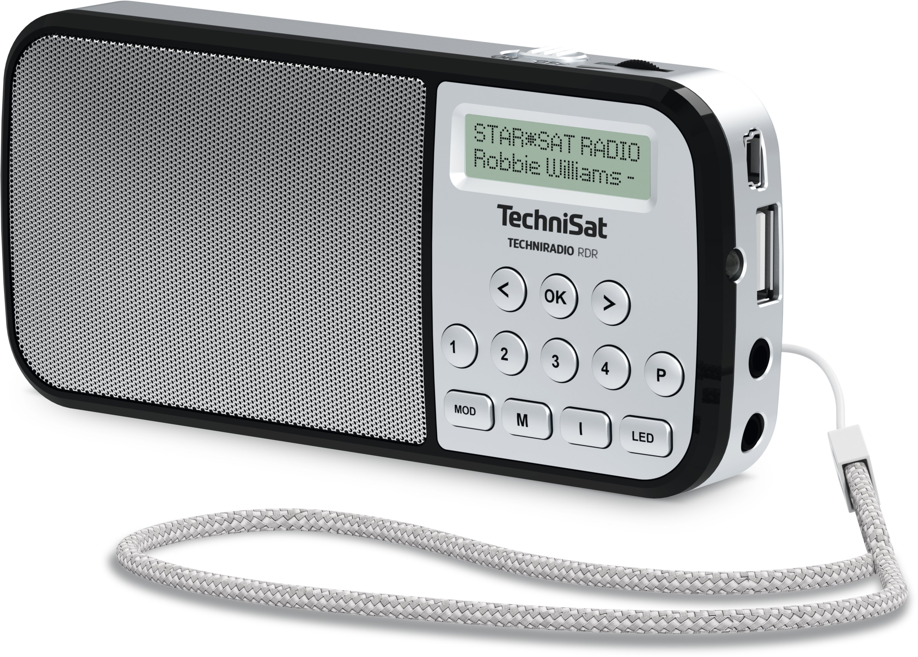 Side view of the TechniSat RDR radio in silver with visible headphone and power connections.