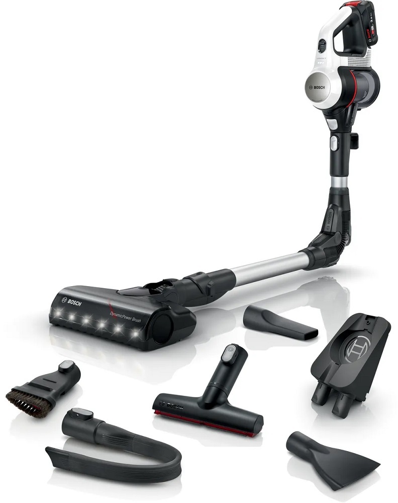 Complete BOSCH BSS711W cordless stick vacuum set with extensive accessories for versatile applications.