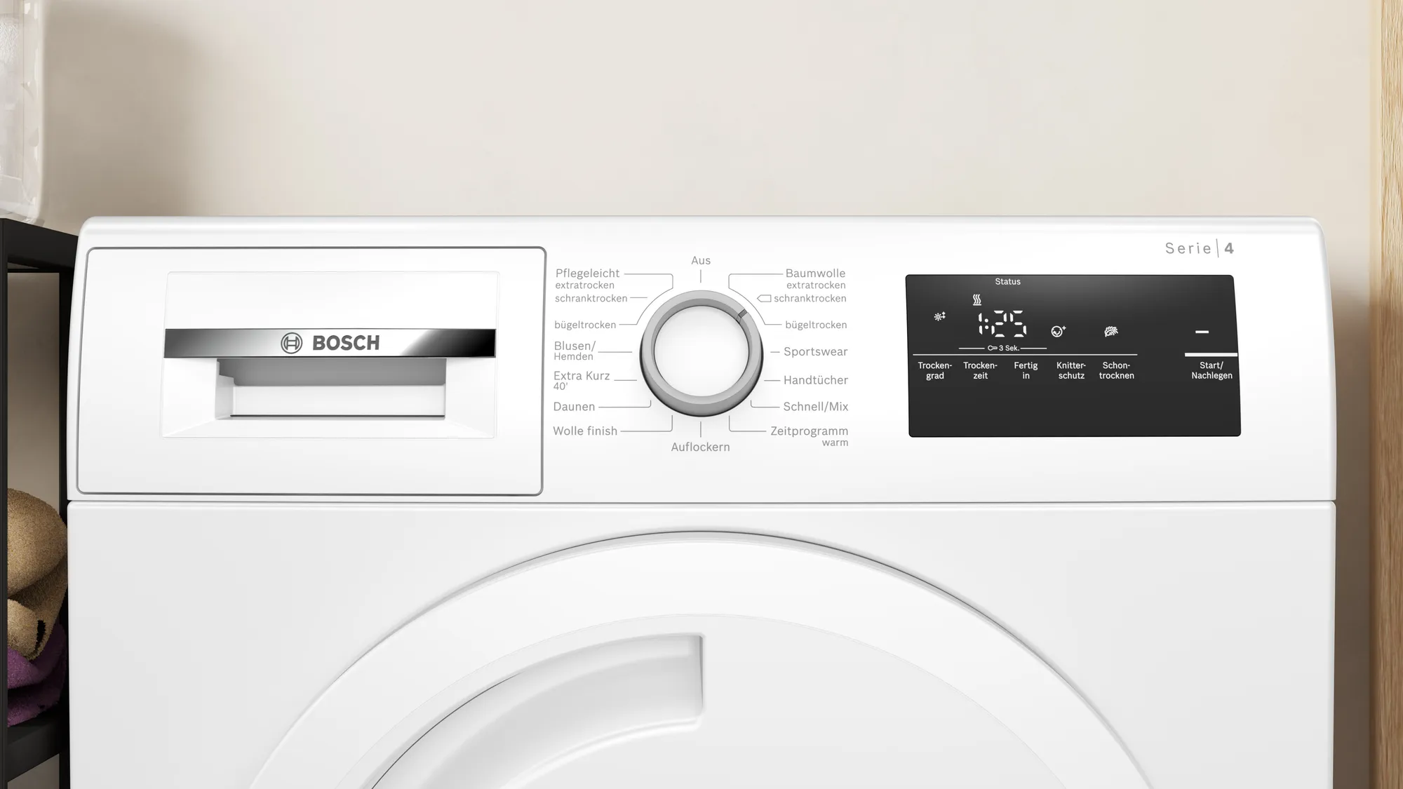 Close-up of the Bosch WTH83V03 dryer's control panel