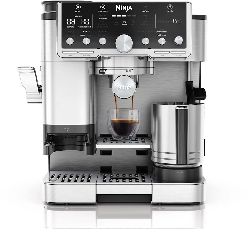 NINJA Luxe Café Pro Espresso Machine ES701EU in chrome/black, front view with illuminated display