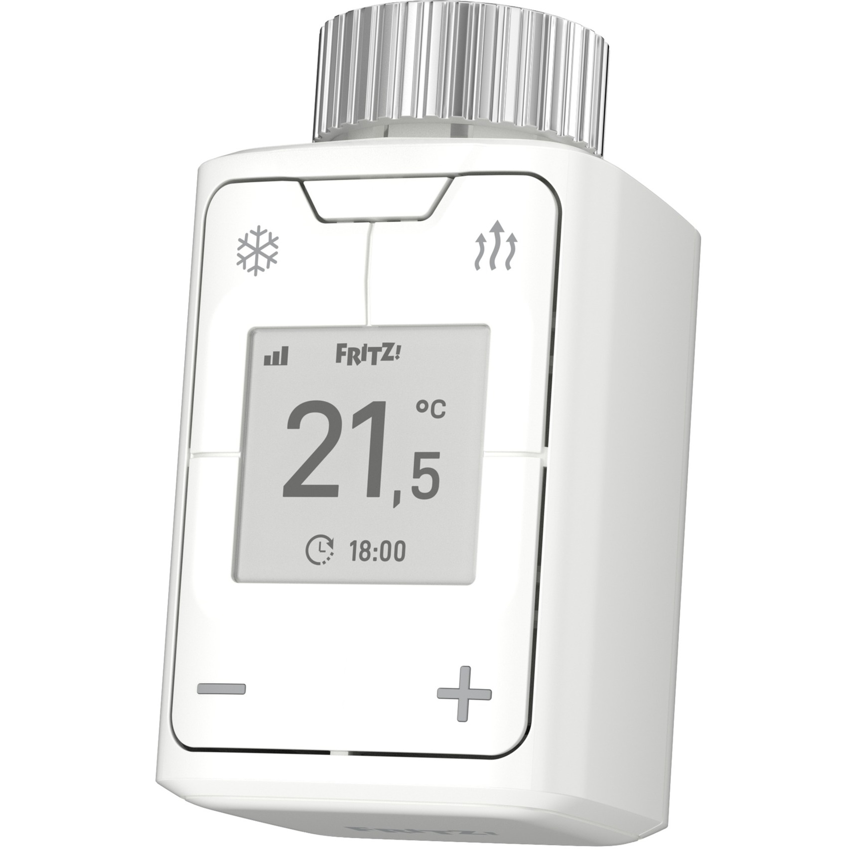 Side view of the AVM FRITZ! DECT 302 heating thermostat in White, controls visible.