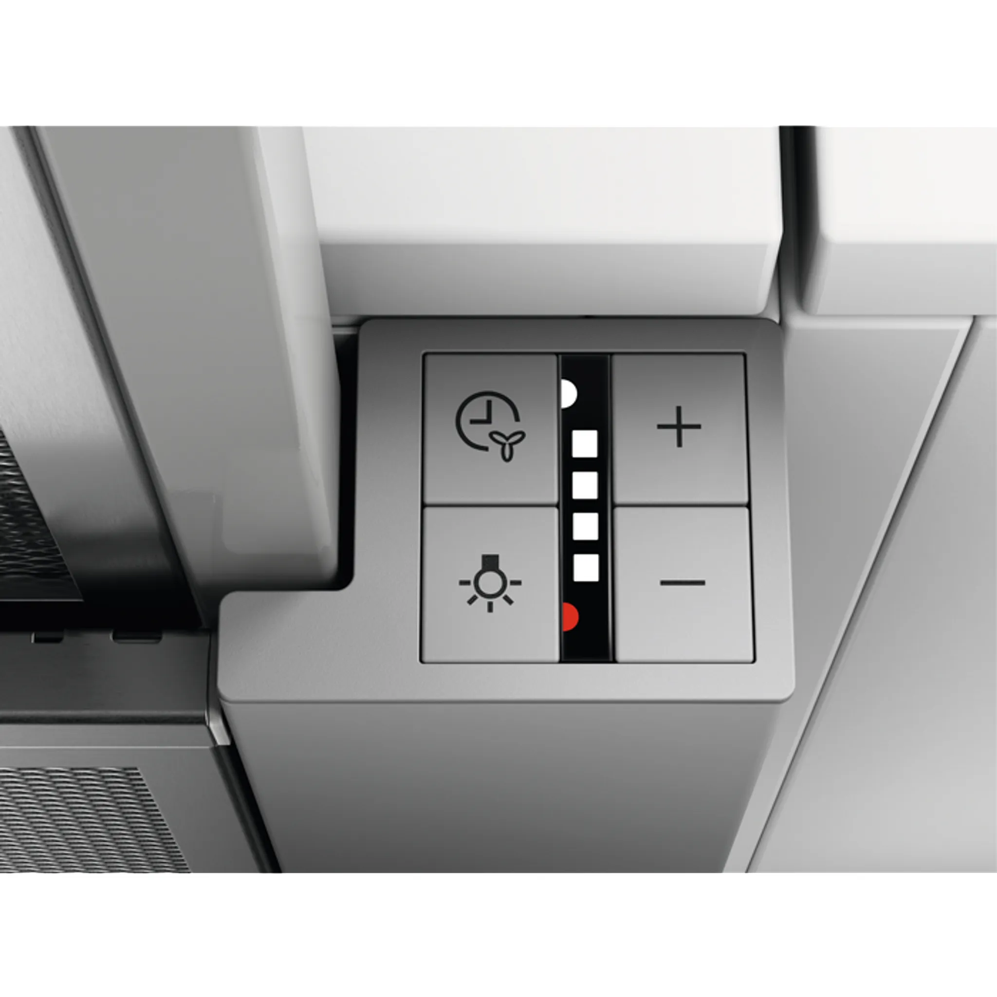 Control panel of the AEG DPE5960M flat-panel hood with illuminated push buttons for fan speed and light control