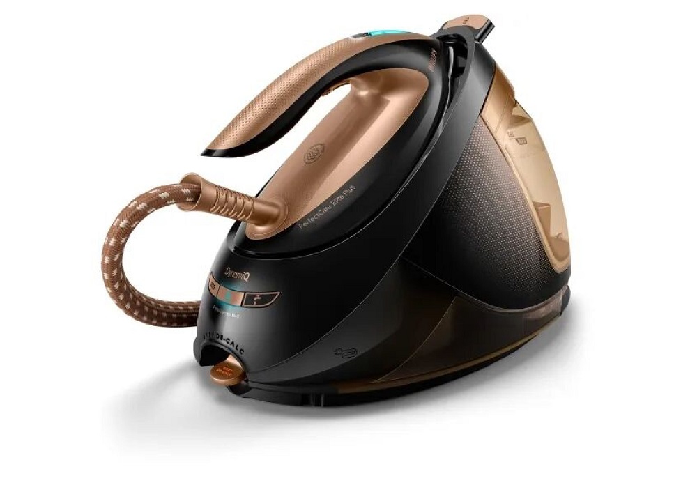 Station and iron viewed from above, highlighting the Easy De-Calc system and DynamiQ sensor labeling