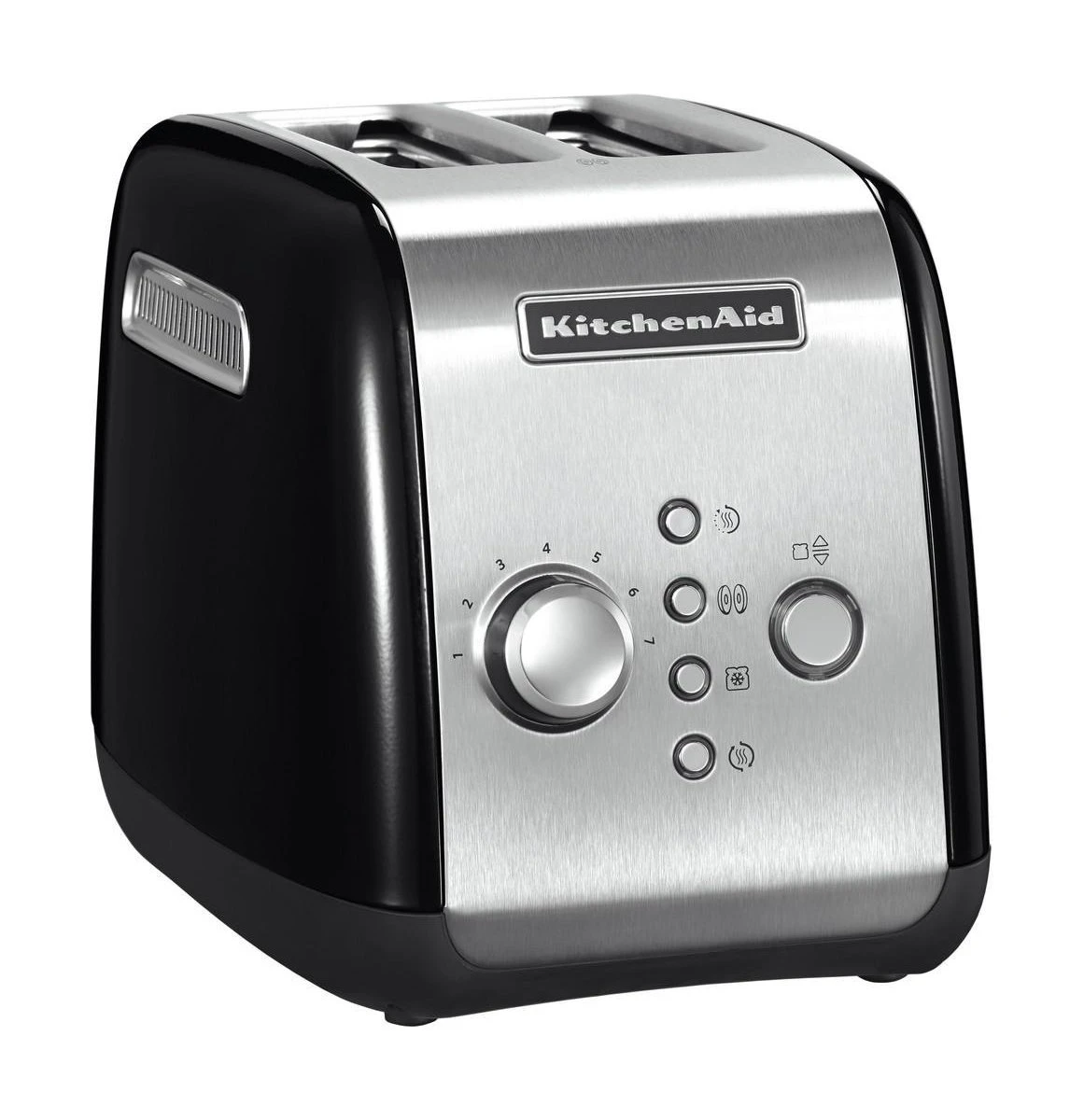 Front view of the KitchenAid 5KMT221EOB toaster without bun warmer attachment, highlighting its sleek lines and elegant design.