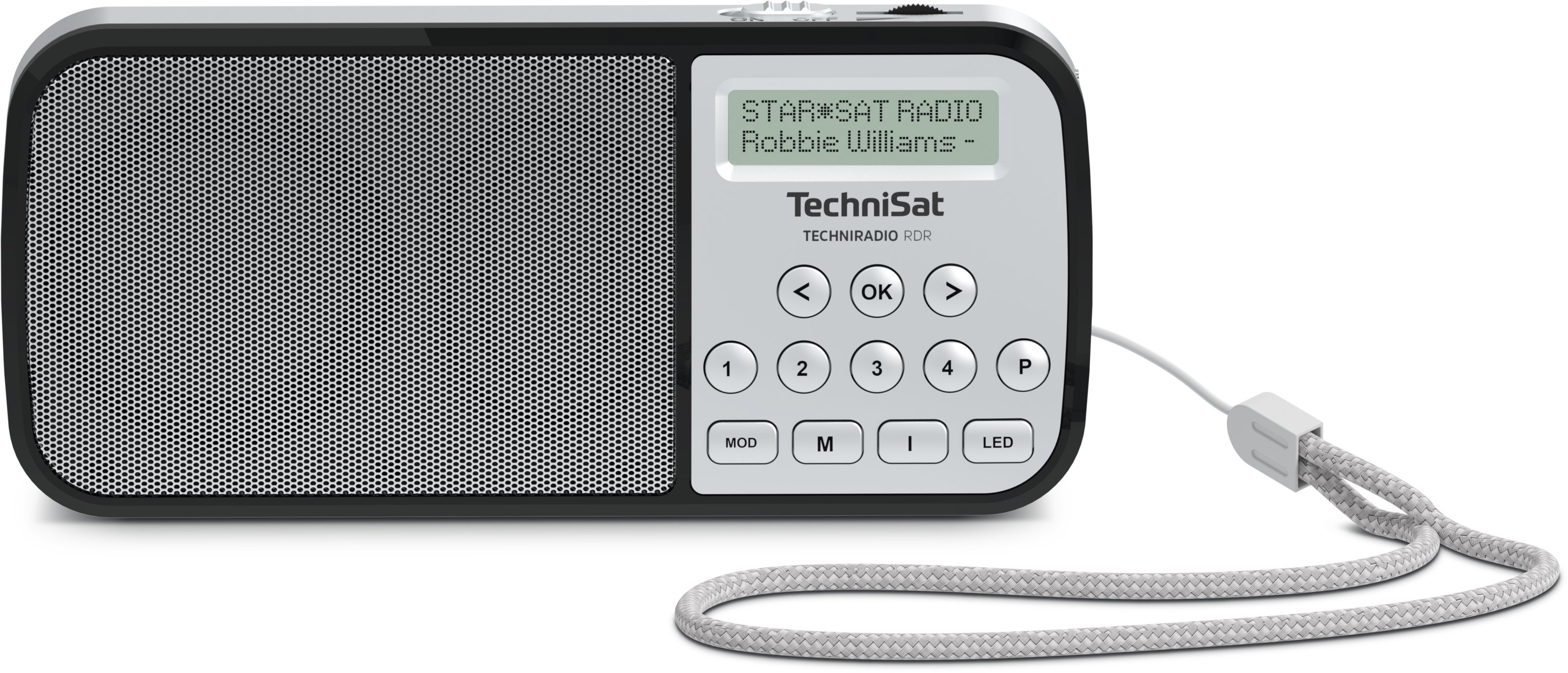 Front view of the TechniSat RDR digital radio in silver with clear display and control buttons.