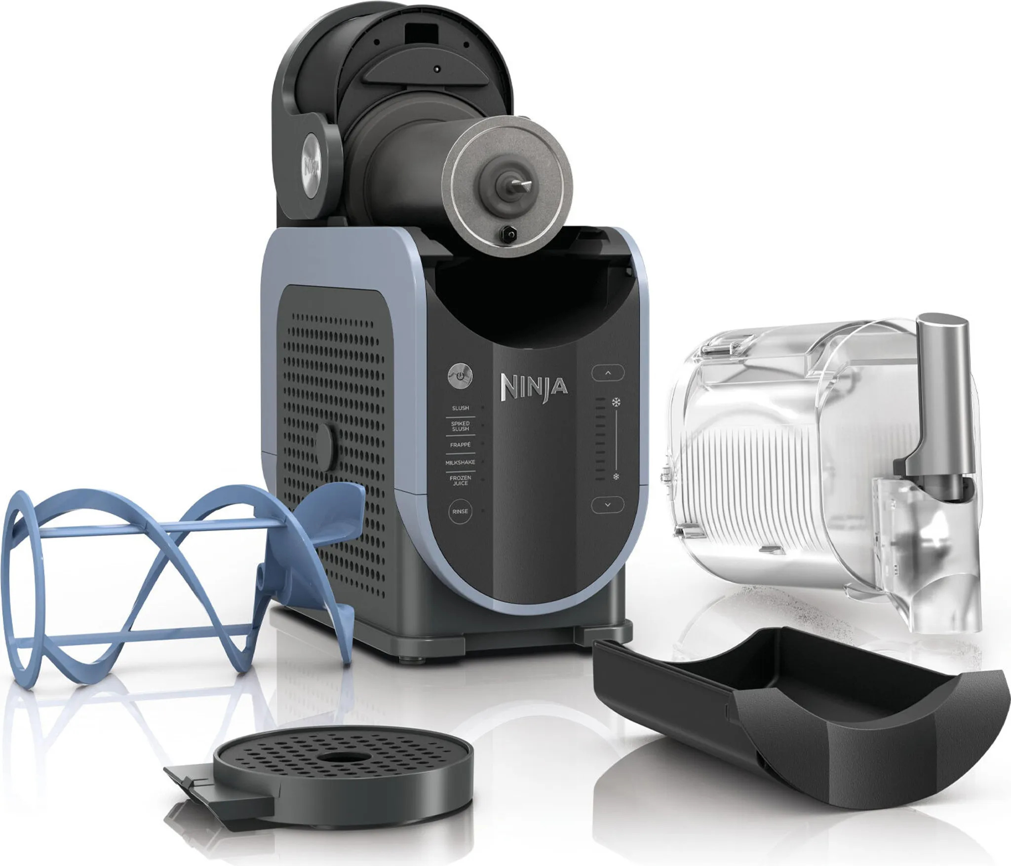 NINJA SLUSHi FS301EU machine, mixing bowl, whisk, and drip tray disassembled