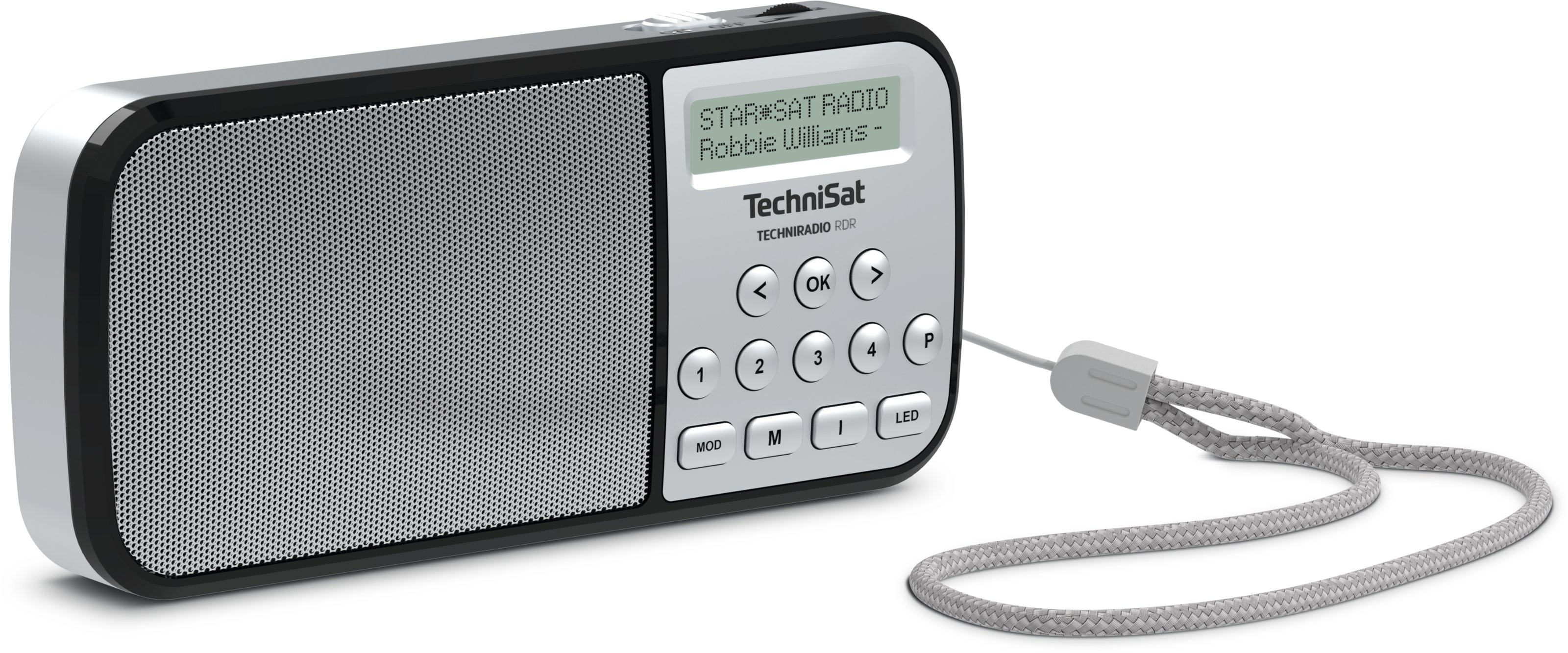 Side view of the compact TechniSat RDR digital radio in silver without visible ports.