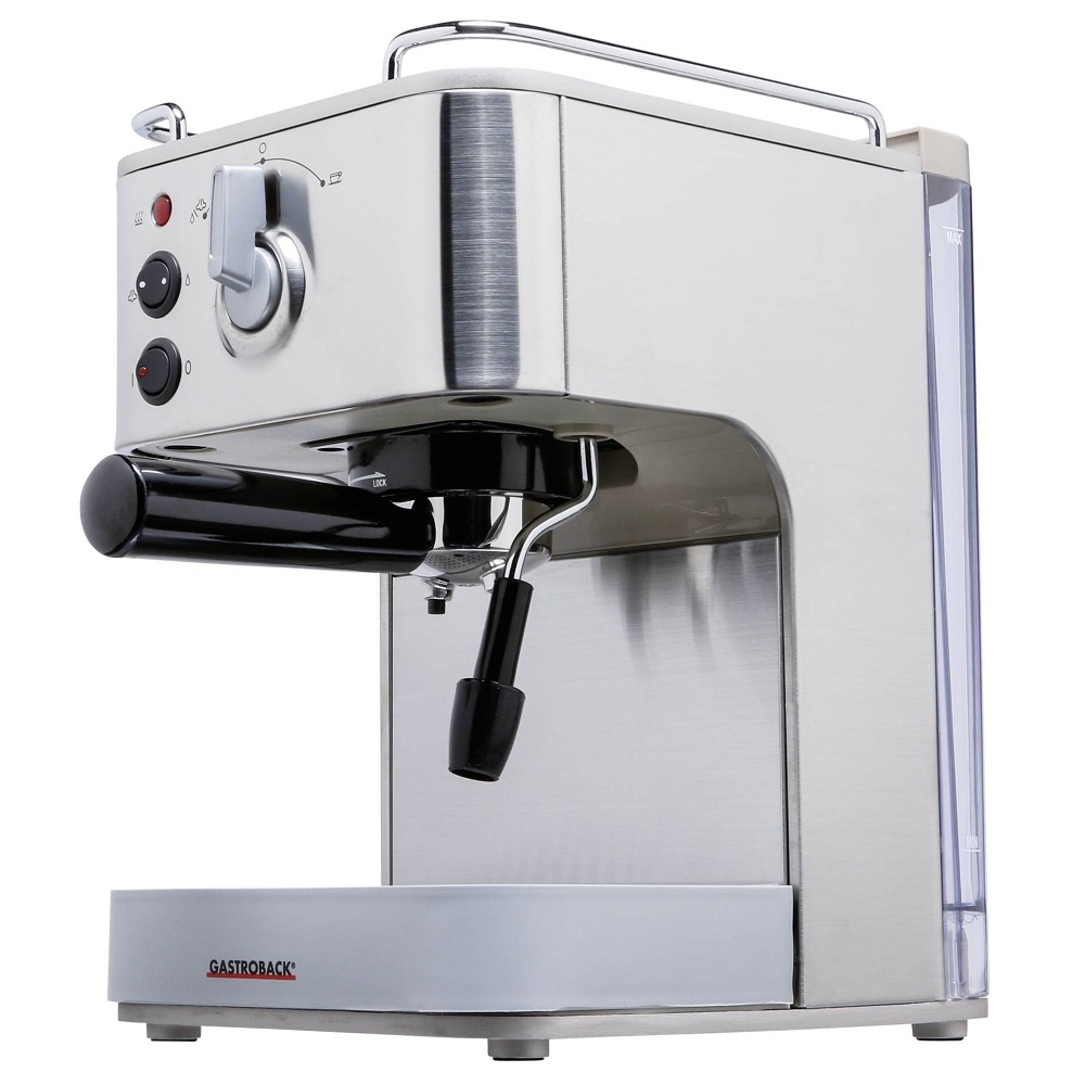 Gastroback Design Espresso Plus portafilter machine in brushed stainless steel, side view, with portafilter and steam wand.