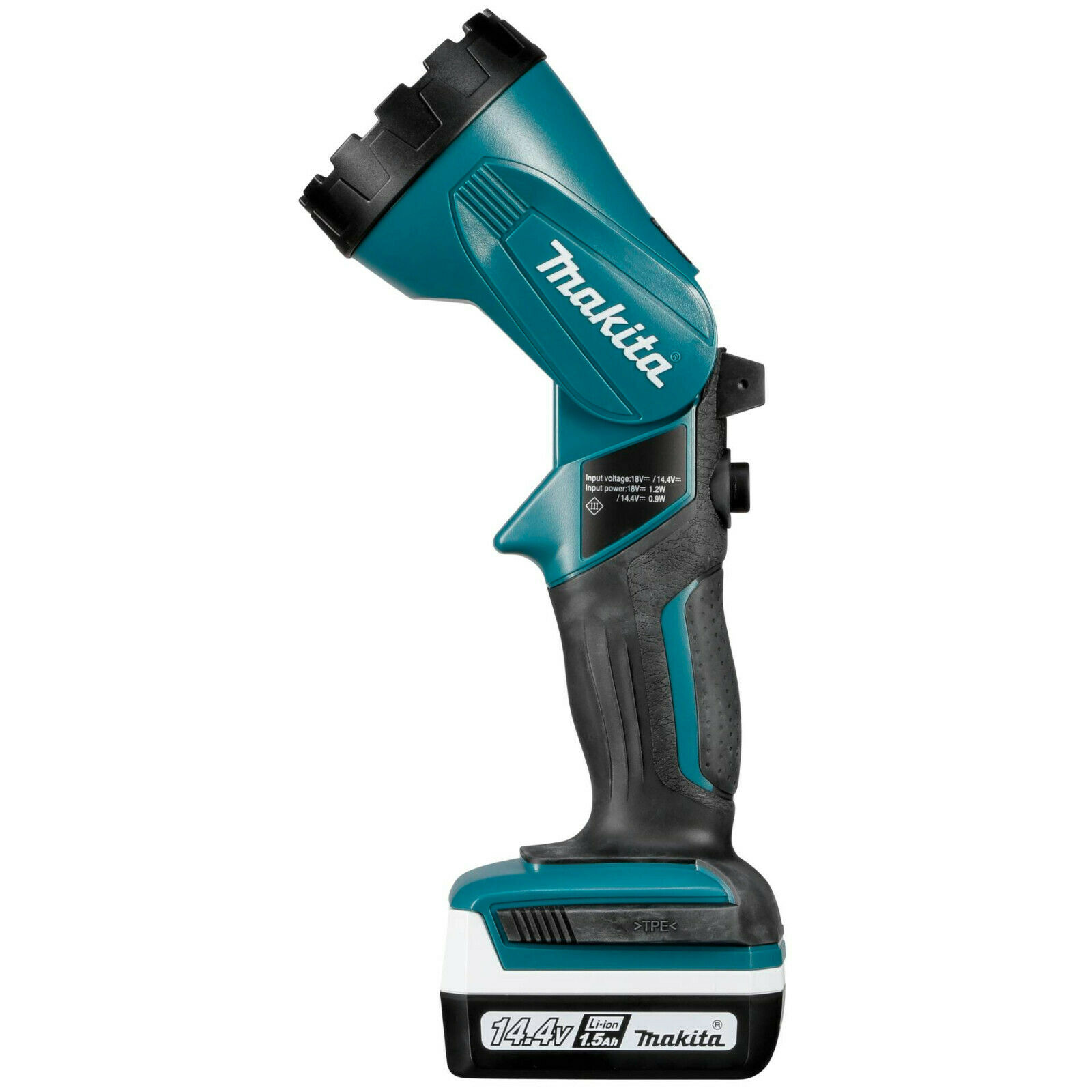 Makita DF347DWLX1 battery lamp, side view, controls and light source visible.