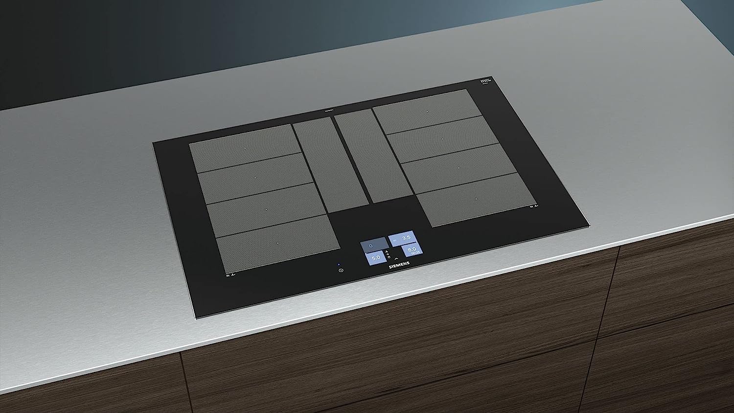 Modern Siemens induction hob with blue controls and flexible cooking zones, integrated into a sleek kitchen countertop.