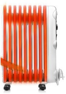 DeLonghi RadiaS heater with all heating fins on, front view.