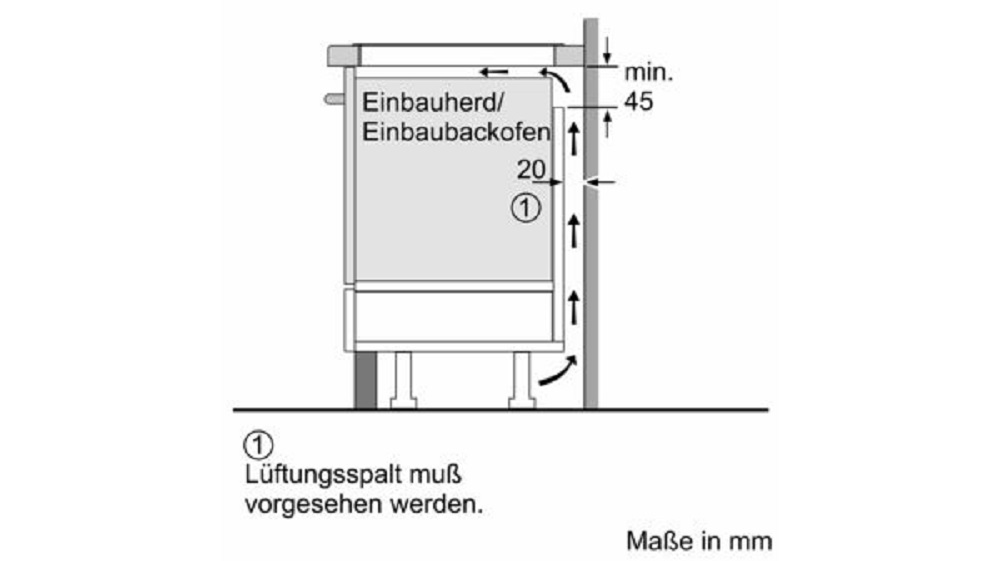 Technical diagram of the Siemens EX875LVC1E induction hob, illustrating the necessary ventilation gap when installed above a built-in oven or cooker (dimensions in mm).