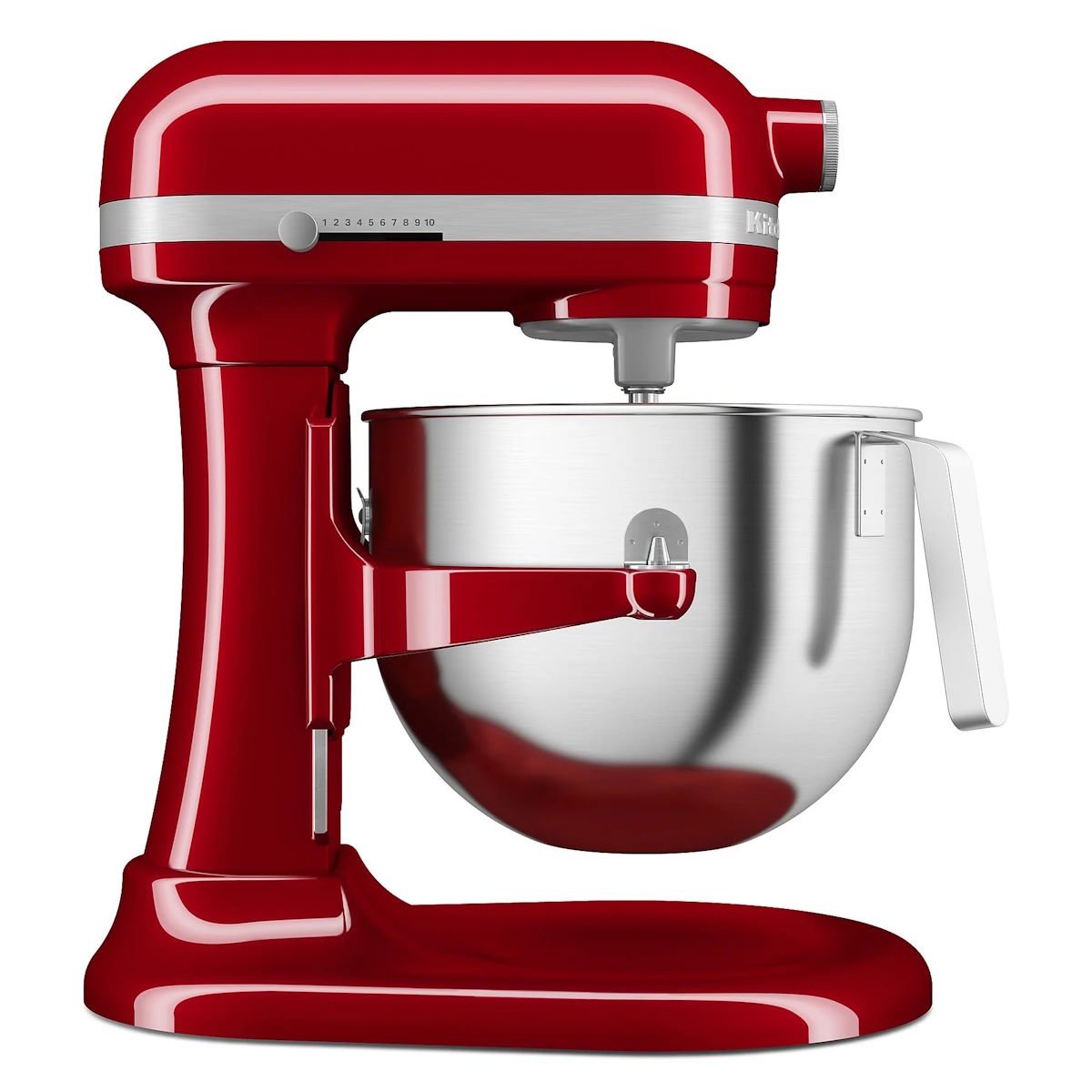 Linke Seitenansicht der KitchenAid 5KSM70JPXEER mit sichtbarer Geschwindigkeitsverstellung.