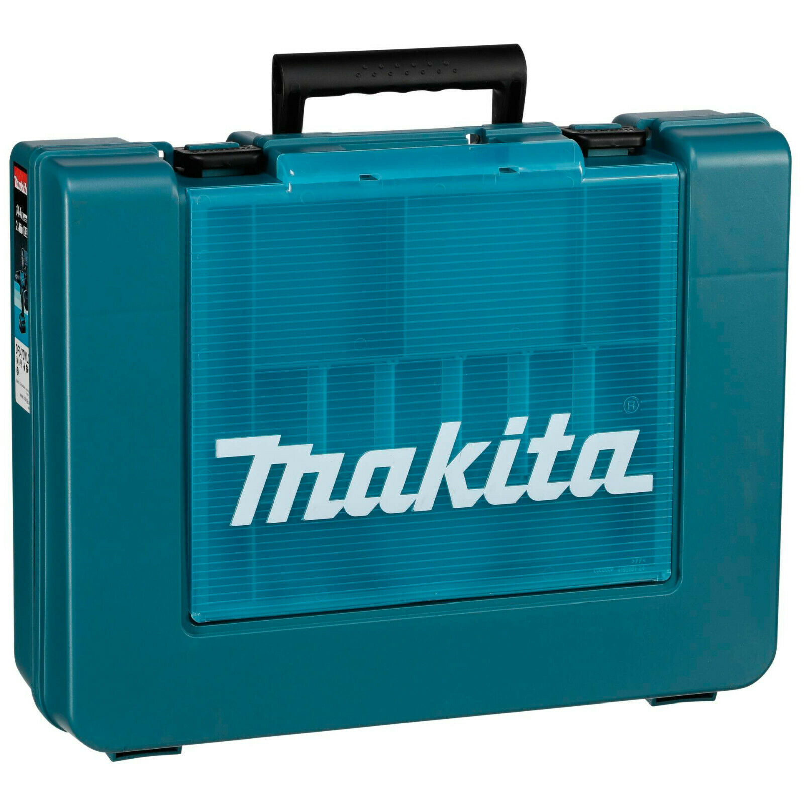 Makita DF347DWLX1 set, drill, lamp, batteries, charger and storage case fully visible.