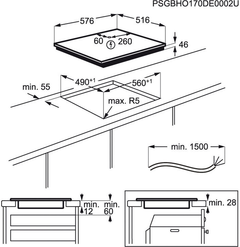 Technical drawing of the AEG IKE64441XB induction hob with detailed measurements for cutout and installation depth, including cable routing and minimum clearance instructions.