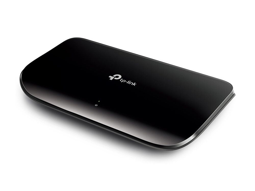TP-Link TLSG1008D Ethernet switch with glossy black casing, front left side view without visible ports