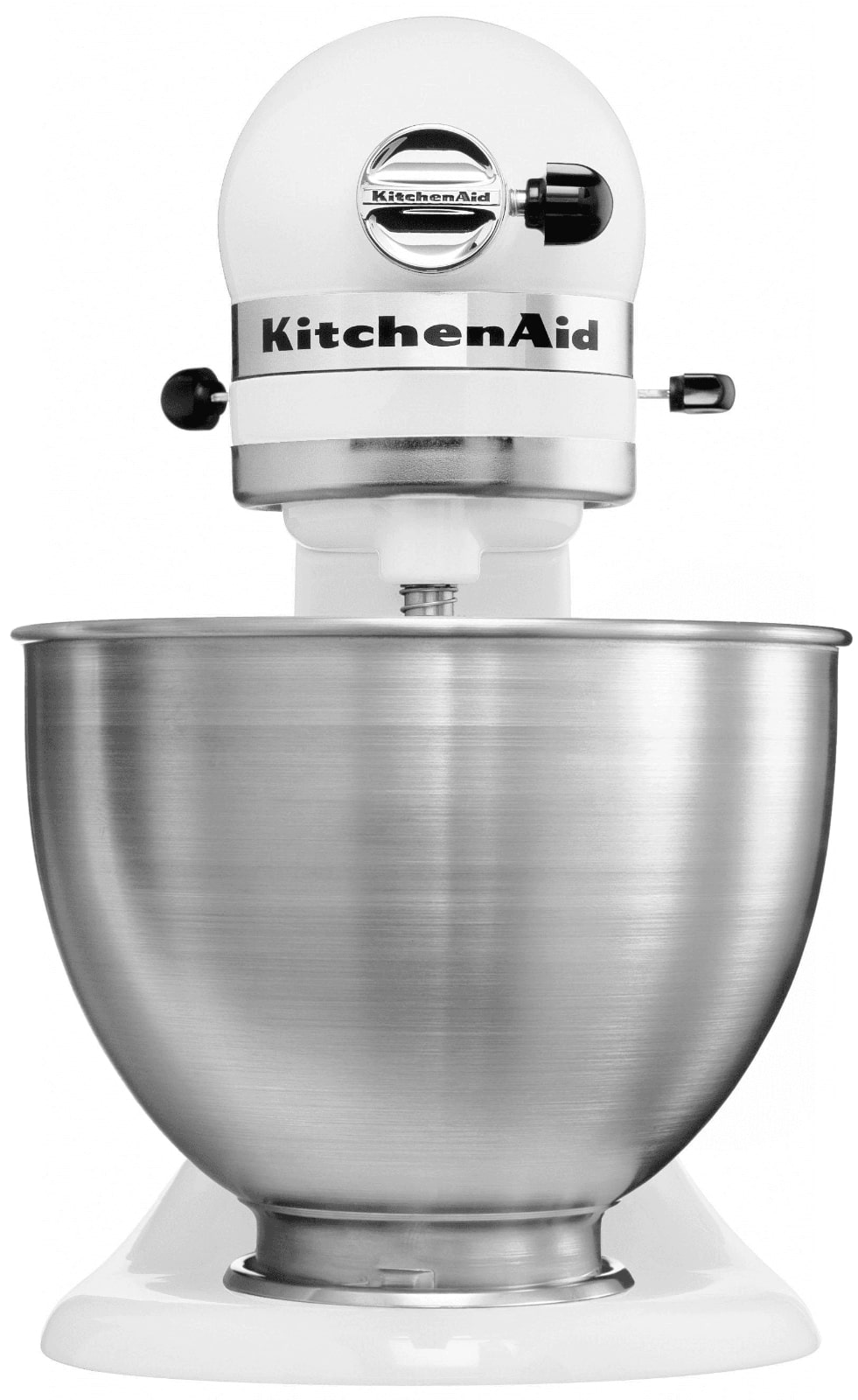 KitchenAid 5K45SSSEWH stand mixer front view with visible accessory hub