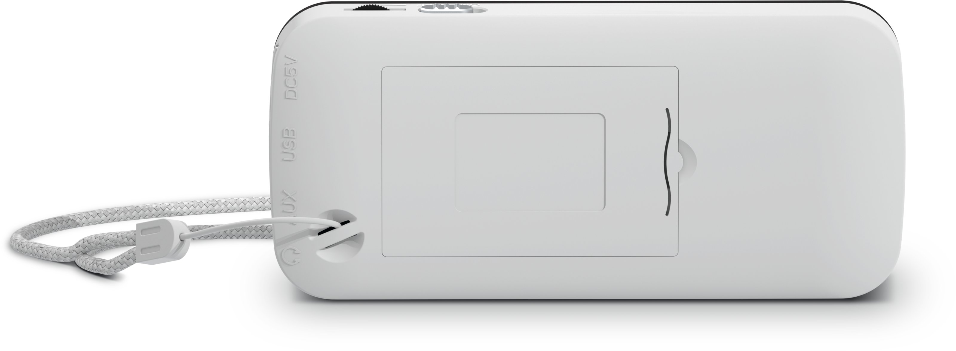 TechniRadio RDR in white – rear view with carrying strap.