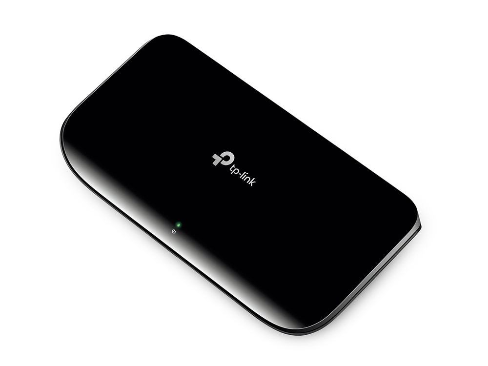 TP-Link TLSG1008D 8-port Gigabit Ethernet switch with glossy black casing, compact top view without visible ports