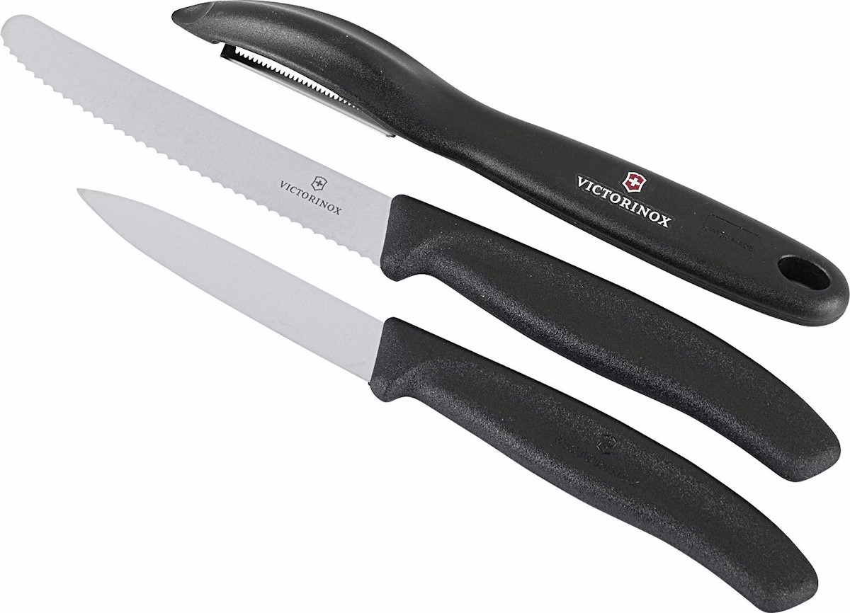 Close-up of the handles and blades of the Victorinox knife set