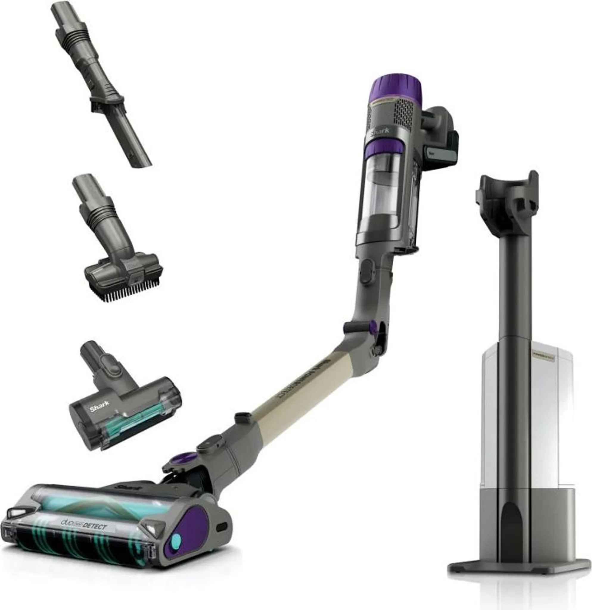 Shown are the Shark cordless vacuum IP3251EUT, the charging base, and three different attachments