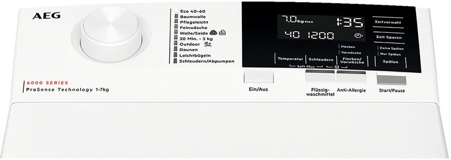 Detail of the control panel with program selection of the AEG washing machine