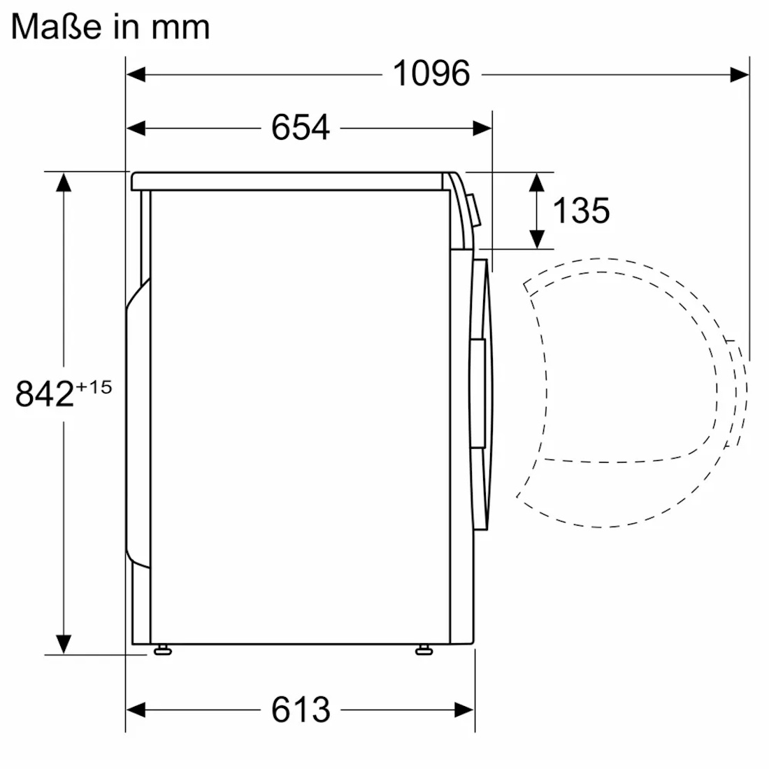 Dimension sketch of the BOSCH WTH83004 heat pump dryer (Height, Width, Depth)