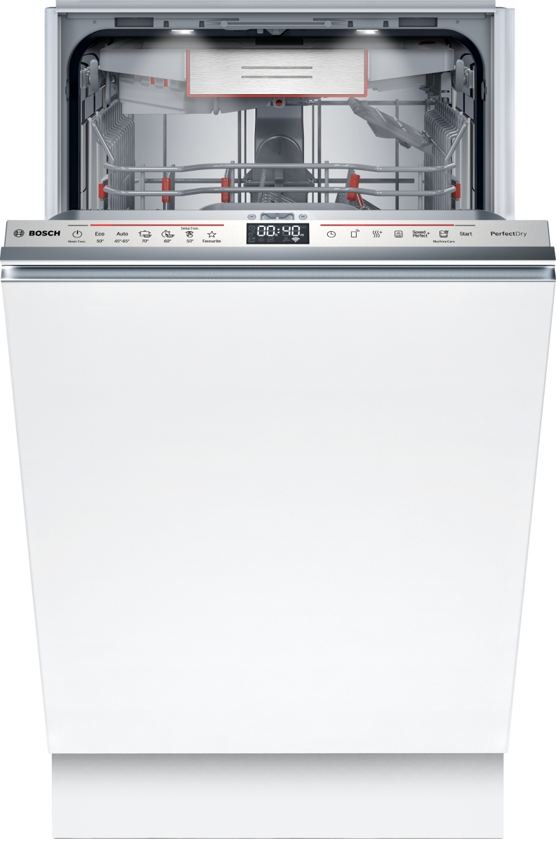 Bosch SPV6YMX08E – elegante Front mit integriertem Bedienelement Integrierter Bosch SPV6YMX08E Geschirrspüler mit sichtbarem Bedienfeld in Edelstahloptik