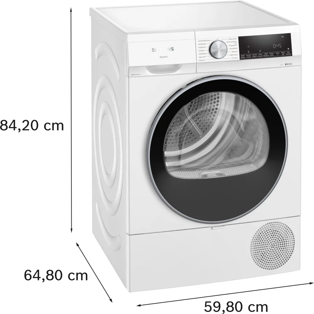 Angled view of the dryer, highlighting the anti-vibration design of the side panels (circle structure) and the white front.