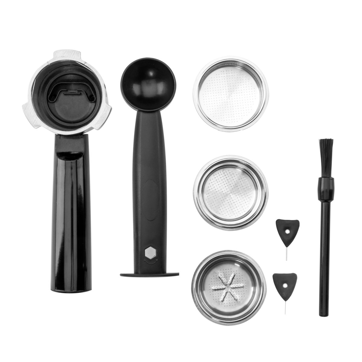 Accessories for the Gastroback Design Espresso Plus: portafilter, measuring scoop, filter baskets, and cleaning brush.