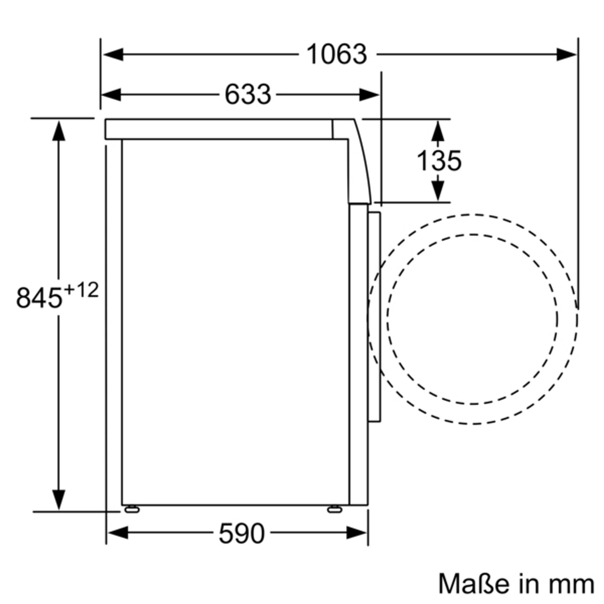 Pictogram: Bosch washing machine dimensions, height, depth, and width