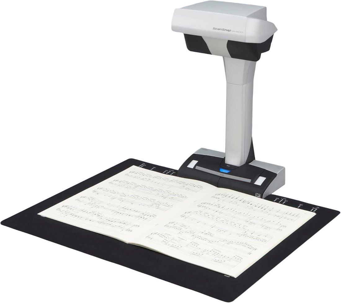 RICOH ScanSnap SV600 overhead scanner on a tripod with an A3 document surface