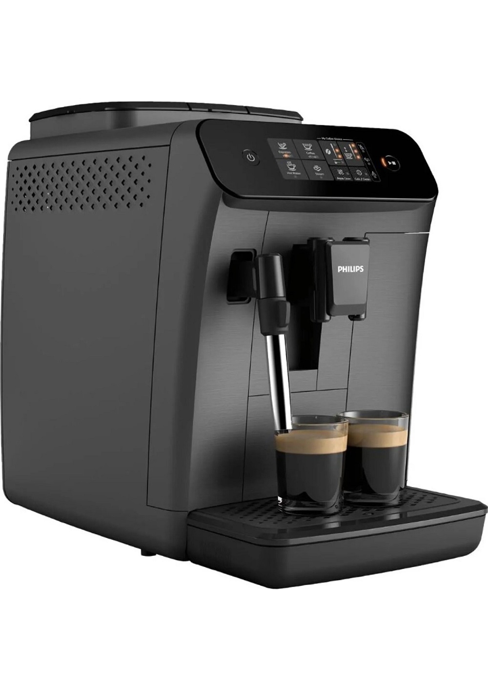 Semi-side view of the Philips EP0824/00 (800 Series) fully automatic coffee machine during preparation.