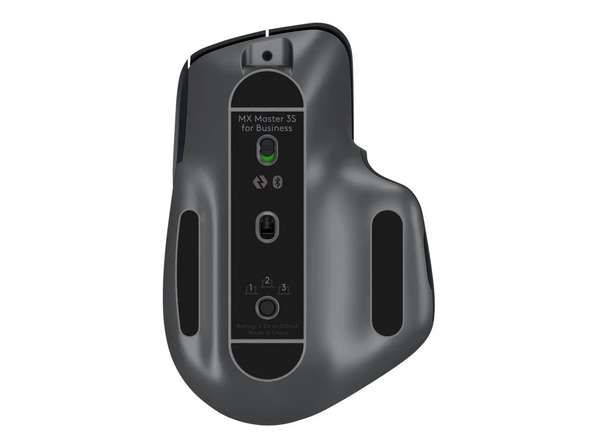 Logitech MX Master 3S for Business in Graphite, bottom view with sensor visible.