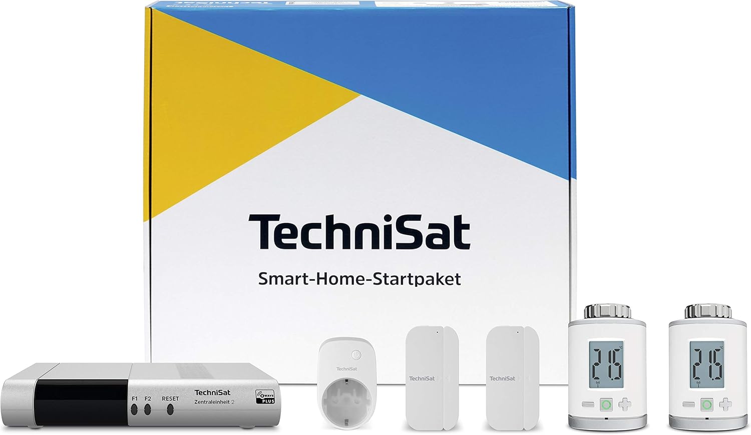 TechniSat Smart Home Starter Kit 'Energy' Z-Wave Plus – complete set view with central unit, radiator thermostats, door contacts, and plug-in socket