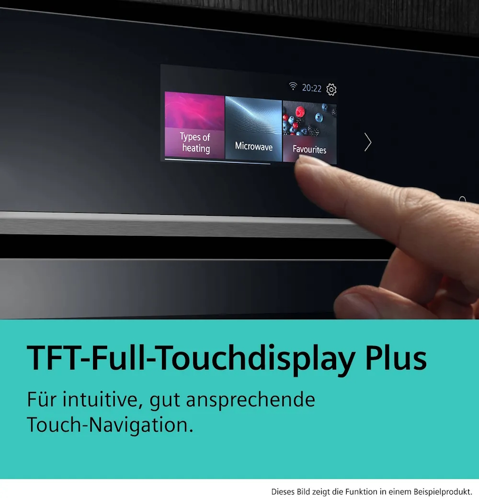 Close-up of the intuitive touch navigation on the TFT-Full-Touchdisplay Plus of the SIEMENS HB776G1B1 oven